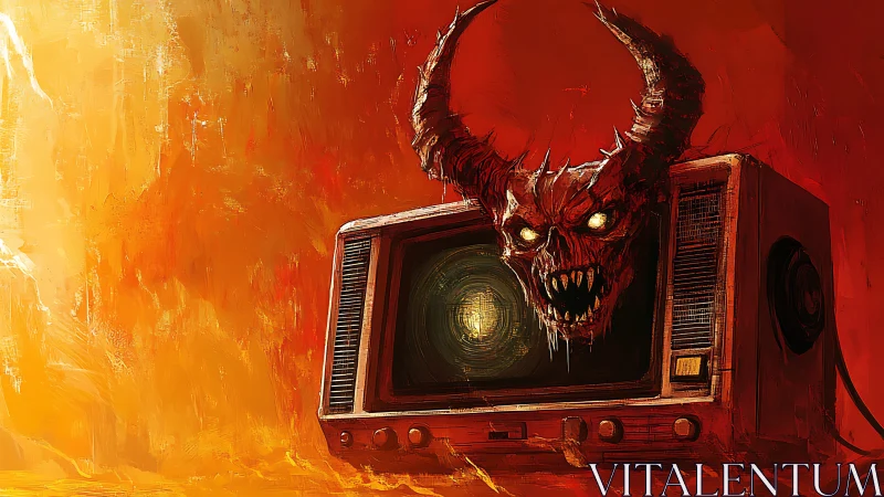 Demonic horned skull emerging from vintage television set.