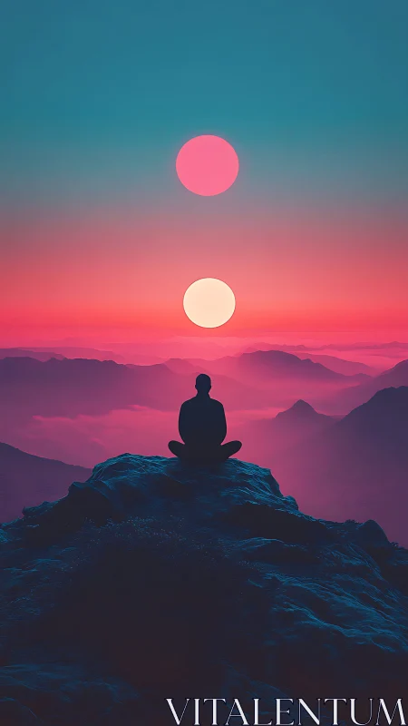 Silhouette meditates on rocky peak under twin suns.