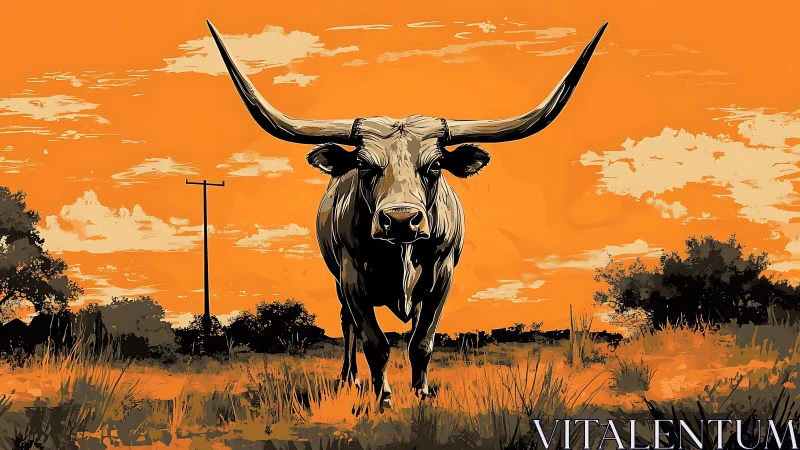 Dustborn longhorn strides beneath a blazing orange sky.