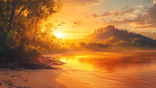 Golden tropical shoreline at vivid orange sunset light.