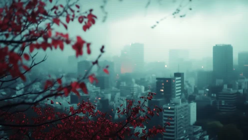 Scarlet autumn branches overlook a mist-shrouded cityscape.