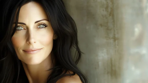 Elegant woman with dark hair in soft natural light portrait.