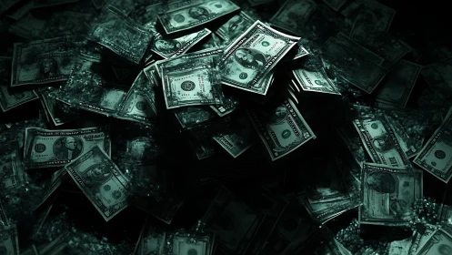 Stacks of US dollar banknotes in dark, high contrast lighting.