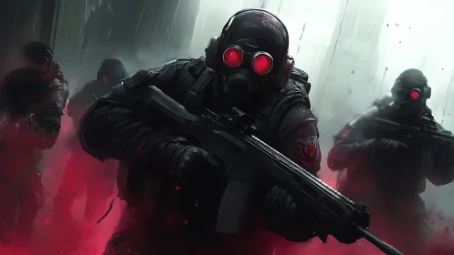 Cyberpunk tactical strike unit in red fog environment.