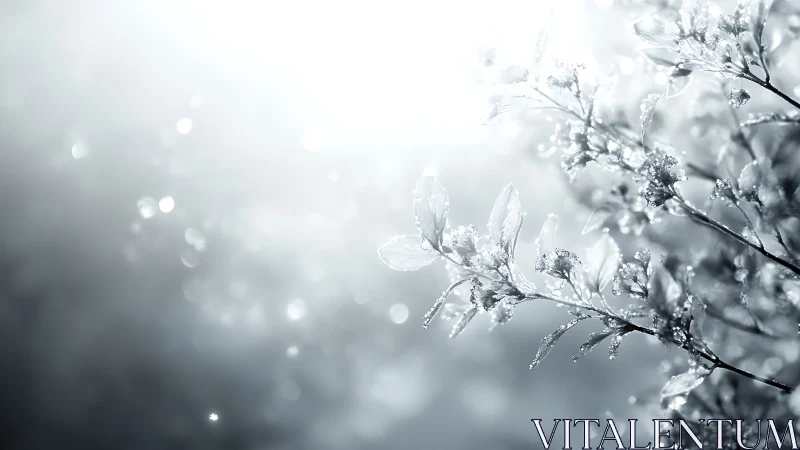 High-key macro photograph of frost-covered winter foliage in bokeh