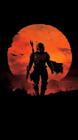Armored bounty hunter silhouetted against blood-red desert sun