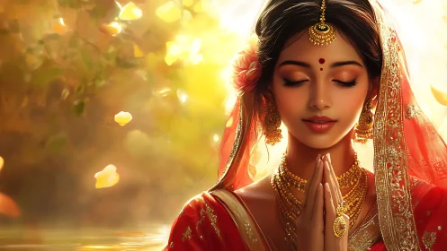 Serene Indian Woman in Traditional Attire with Golden Light.