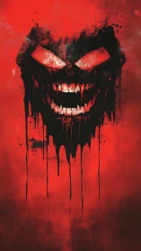 Dripping demonic face forms from black paint over red field
