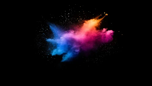Chromatic powder burst suspended in deep black space.