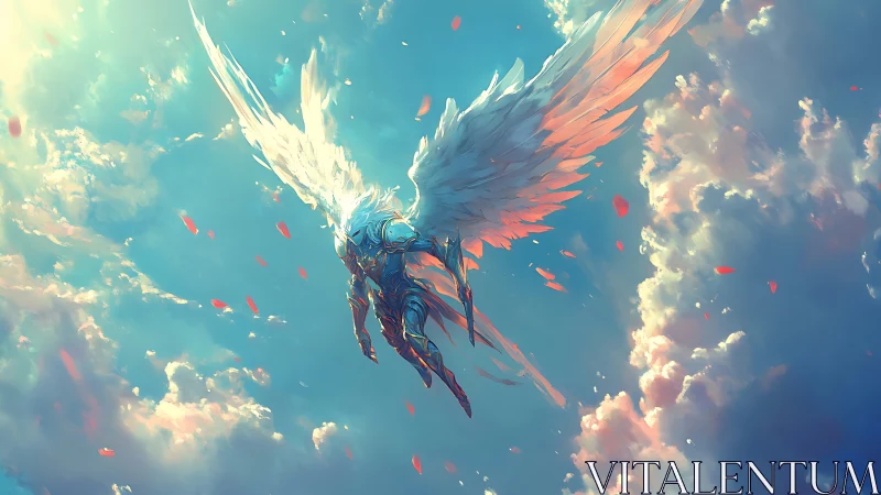 Armored seraphic warrior descending through luminous sky
