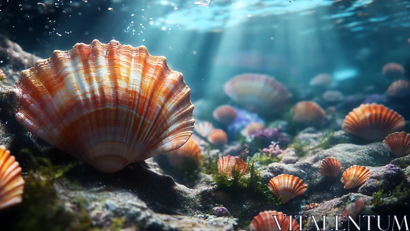 Sunlit underwater seabed shows detailed orange scallop shells