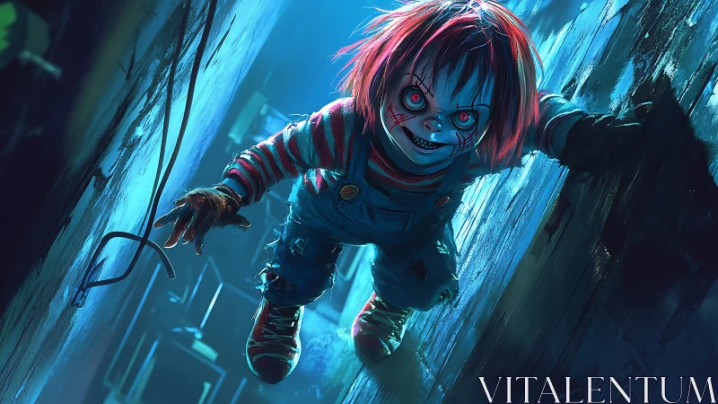 Demonic killer doll lunges through neon alleyway at viewer.