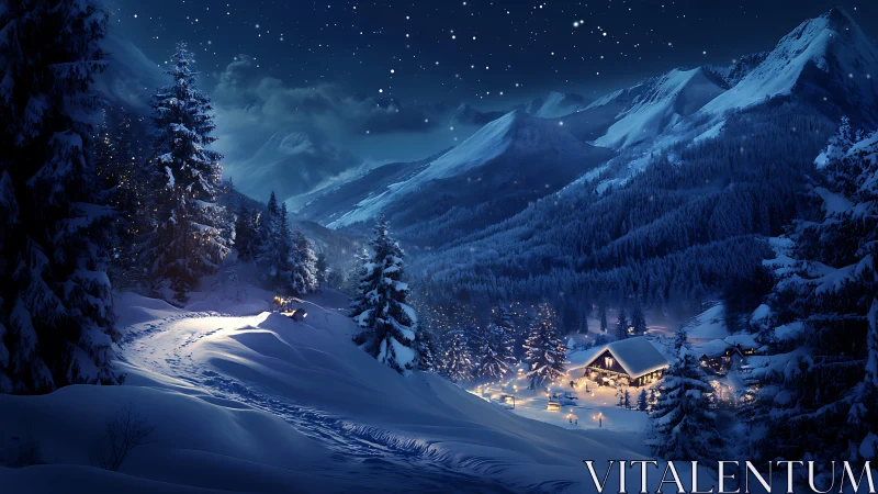 Snowbound alpine village under starlit winter sky at night.