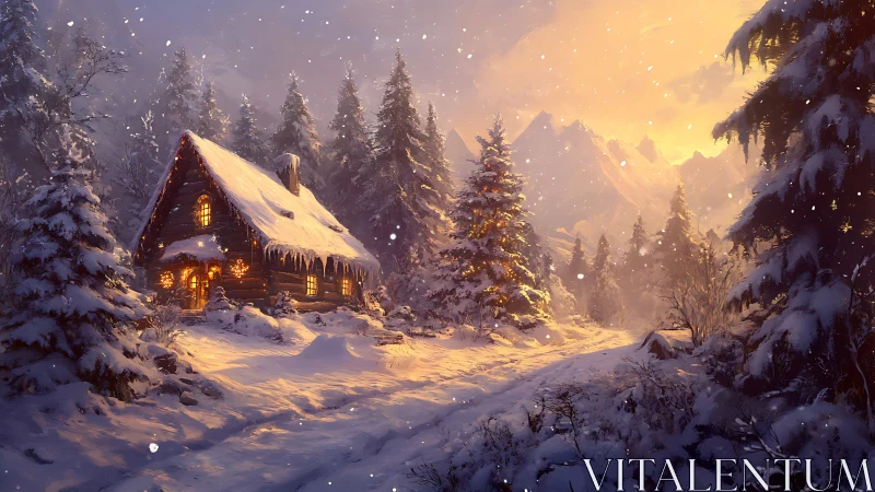 Snow-laden log cabin at dusk with illuminated windows and pines