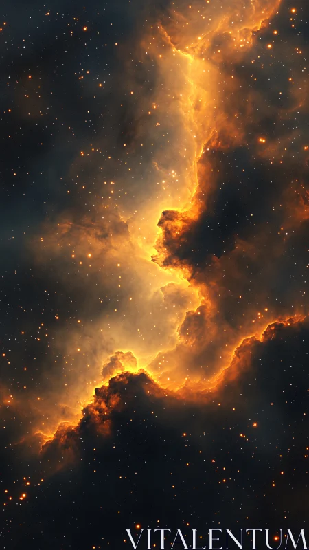 Fiery interstellar nebula divides dark starfield in space