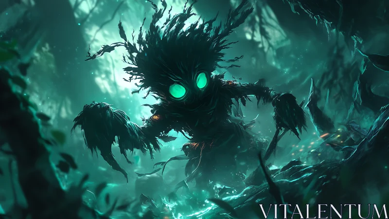 Bioluminescent sylvan construct stalking through spectral fog.