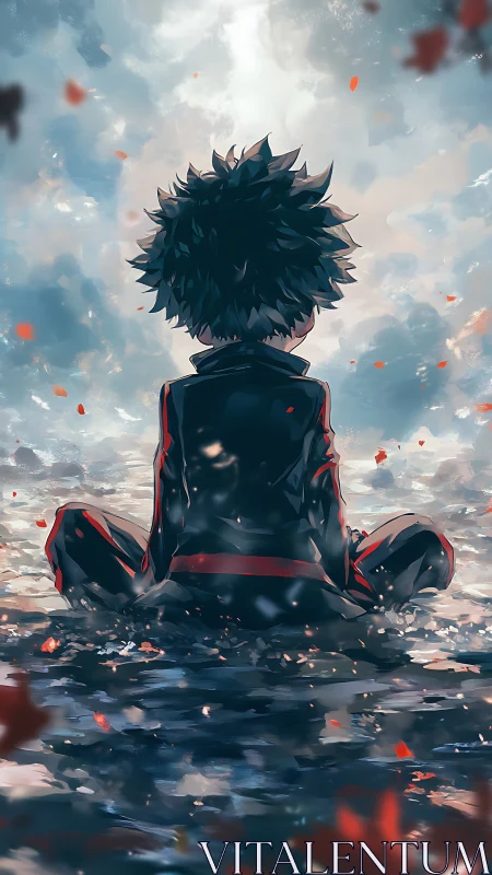 Solitary anime figure seated in reflective water under luminous sky