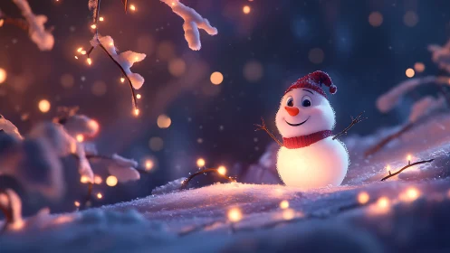 Luminous snowman under bokeh lights in nocturnal winter grove.