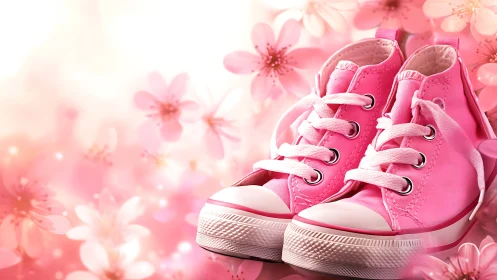 Pink canvas baby sneakers against soft floral background.