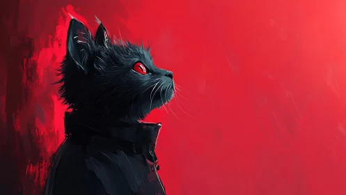 Black cat in coat against bold red background profile.