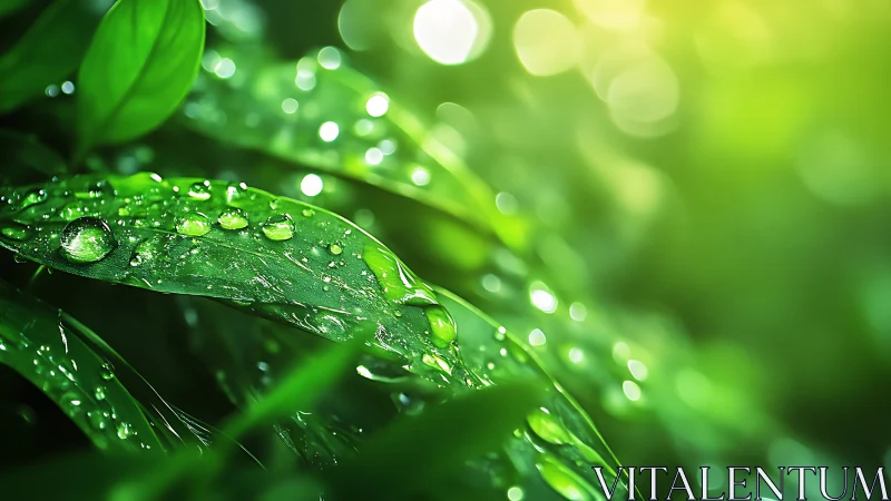 Morning dew glistens on lush green leaves in soft light.