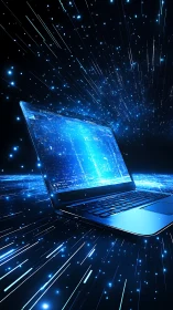 Glowing data-stream laptop in luminous digital spacescape.