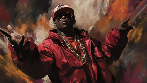 Dynamic hip hop portrait in red jacket against abstract blaze