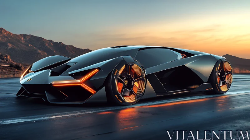 Futuristic hypercar glows with neon accents at sunset road.