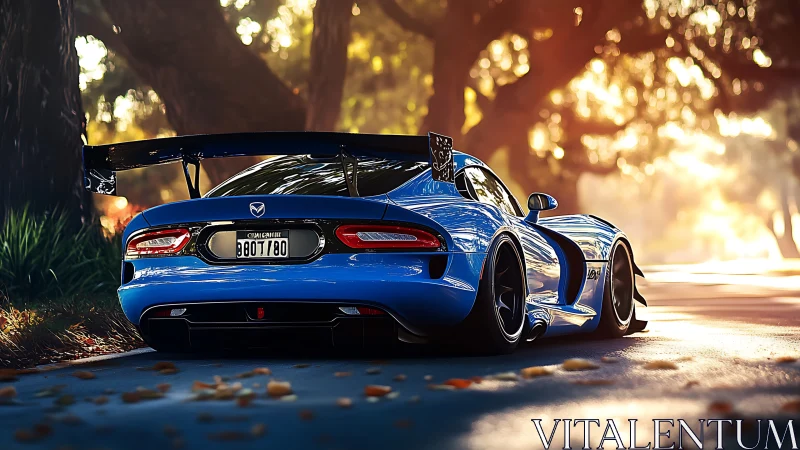 Low-slung blue sports car under glowing forest light.