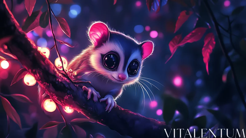 Digital painting of neon forest creature with luminous bokeh focus.