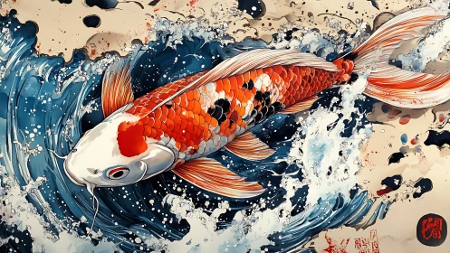 Dynamic koi carp rendered in expressive ink-style waves