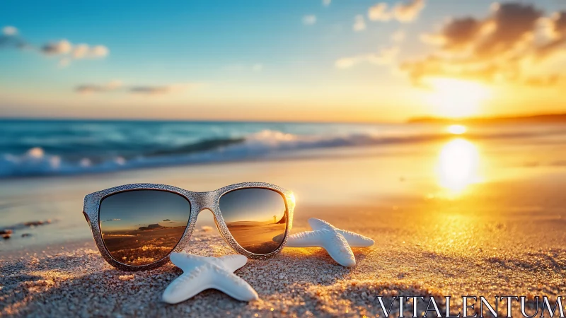 Sunglasses and starfish on sandy shoreline at sunset.