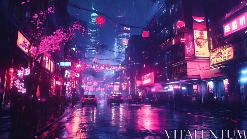 Neon soaked night street with cherry blossoms in rain.