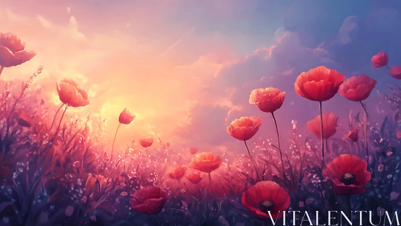 Red Poppy Field at Sunset with Golden Sky