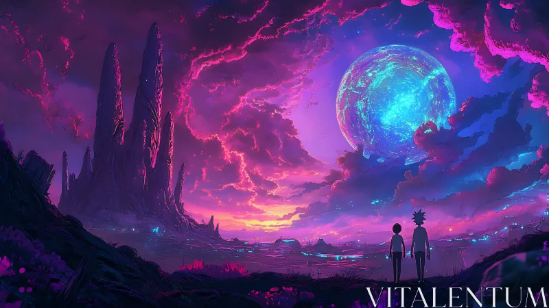 Bioluminescent exoplanet vista with dual observers at horizon.