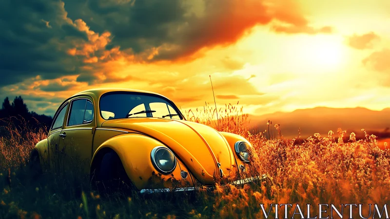 Golden vintage car rests quietly under a glowing sunset sky