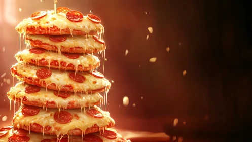 Tower of stacked pepperoni pizzas rendered in glossy 3D light