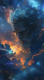 Colossal celestial visage surveying lone figure in nebular clouds.