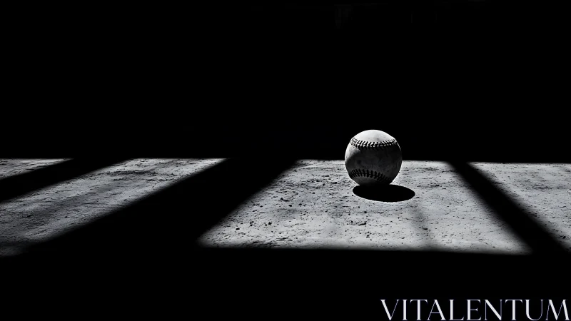 Lonely baseball rests in dramatic light and deep shadow