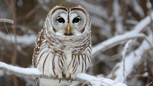 Barred Owl Perched on Snowy Branch in Photorealistic Winter Scene.