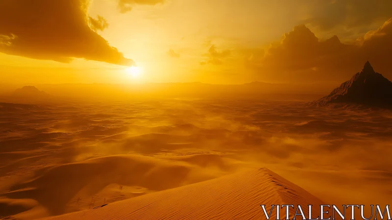 Golden desert sunset over dunes and distant mountains.