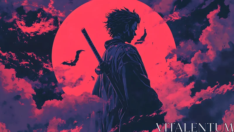 Samurai silhouette intersecting neon moon in high-contrast palette