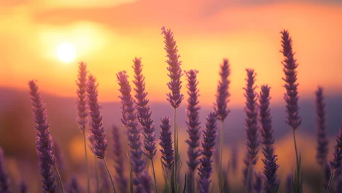 Lavender spikes glow against vivid orange sunset sky
