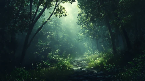 Luminous Forest Path Through Ancient Canopy