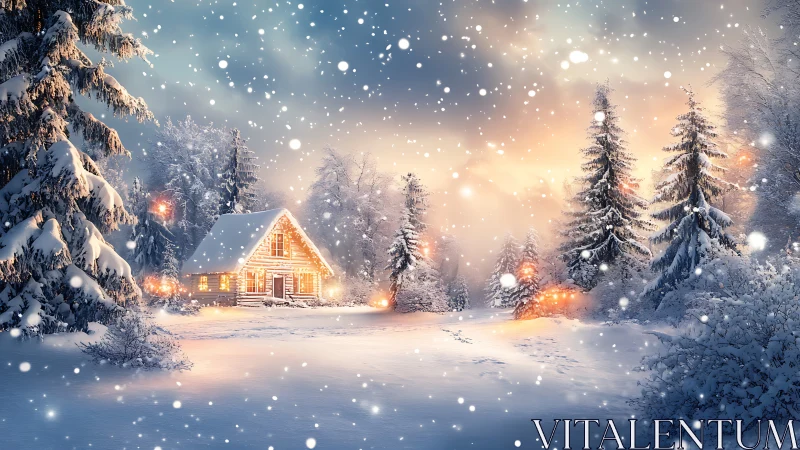 Cozy winter cabin glowing softly in a snowy forest evening.