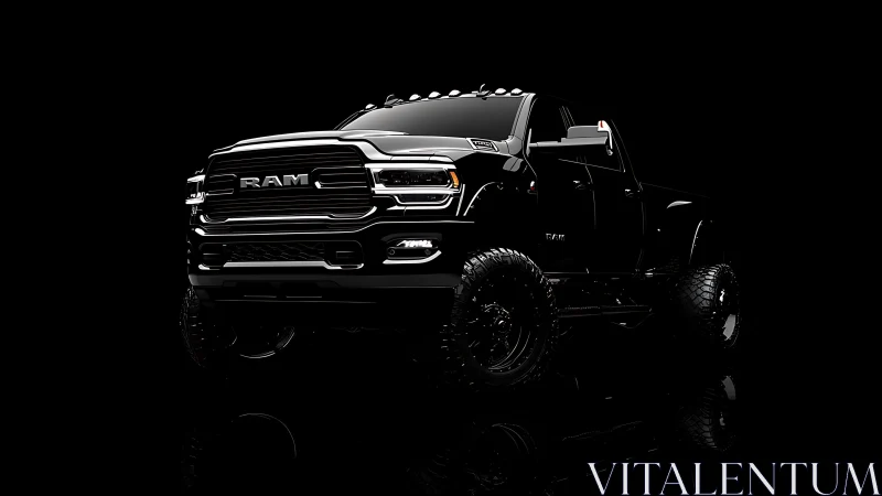 Black pickup truck is rendered with high contrast lighting