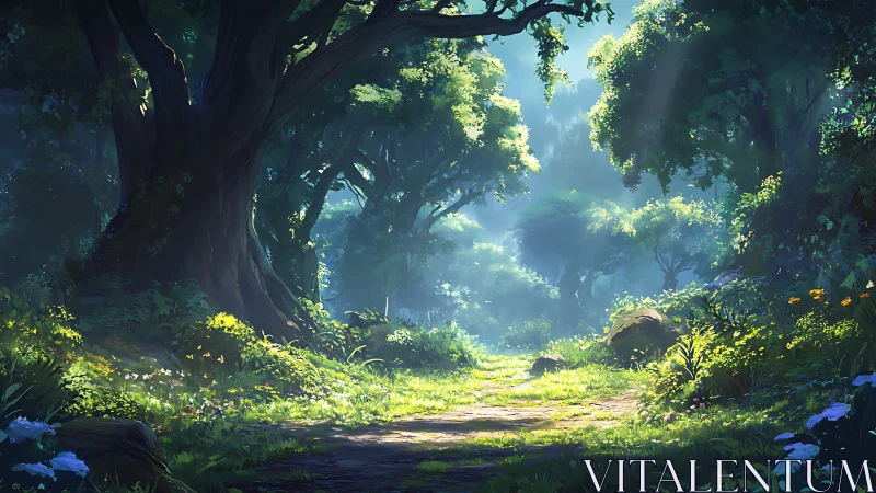 Ancient Forest Path with Filtered Sunlight.