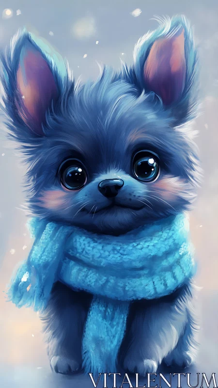 Blue scarf dog illustration with large eyes in soft lighting.