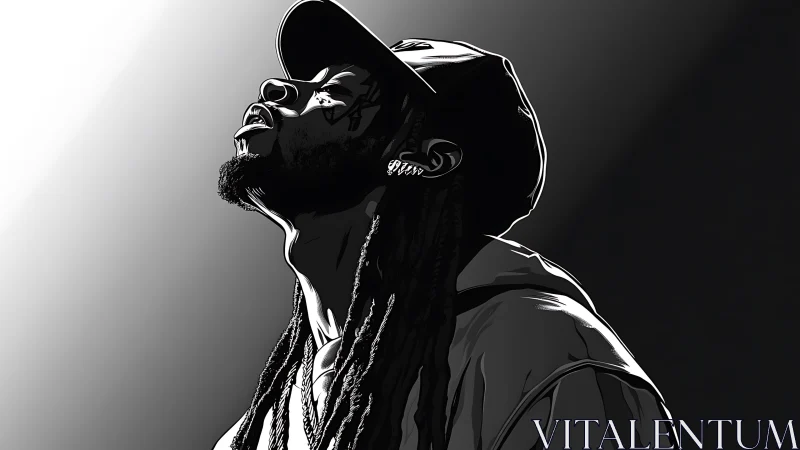 Side-profile illustration of man in cap under strong light.