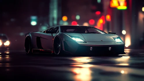 Futuristic supercar slices through neon soaked midnight boulevard.